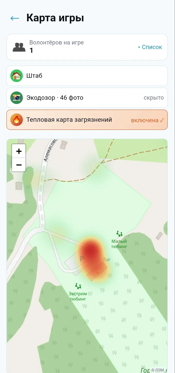 Экран «Карта игры»: включена тепловая карта загрязнений, красное пятно показывает самое замусоренное место